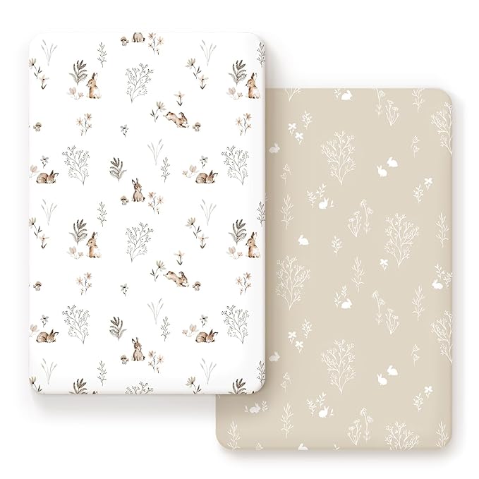 GRSSDER Stretch Ultra Soft Jersey Knit Fitted Pack n Play Sheets Set 2 Pack, Portable/Mini Crib Sheets for Boys and Girls, Stylish Watercolor Rabbit Pattern