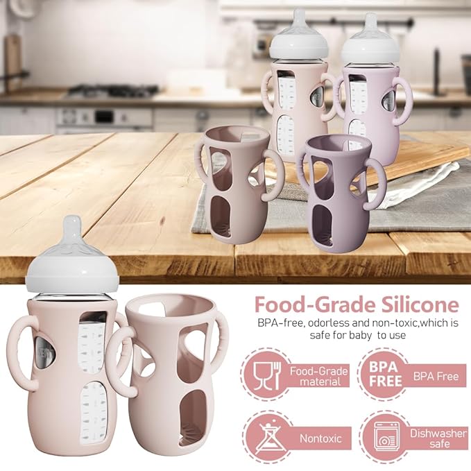 2 Pack Silicone Sleeves for Avent Natural Glass Bottles, Anti Breakage Baby Bottle Protector with Easy-Grip Handle, Compatible Philips Avent Glass Natural Bottle 8 oz, Not for Infant Use