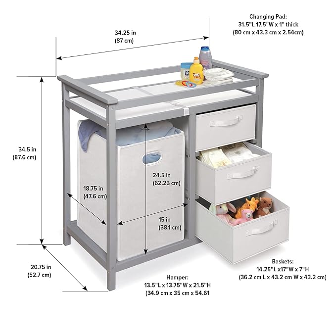 Badger Basket Modern Baby Changing Table - Nursery Furniture with Laundry Hamper and 3 Storage Drawers - Diaper Changing Station with Safety Belt, Changing Pad, and Organizer Baskets - Gray and White
