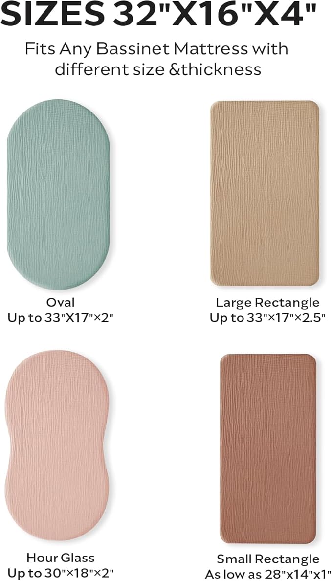 JELLYMONI 2-Pack Muslin Bassinet Sheets for Girls Boys, 100% Cotton Bassinet Mattress Sheets Soft Breathable Universal Fit for Baby Bassinets, Moses Basket, Hourglass Oval and Rectangle Mattress