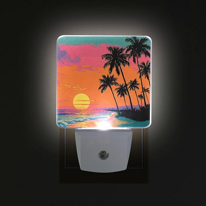 Aslsiy Night Light for Kids Palm Tree Beach Sunset (4) Plug in Wall Lamp LED Dusk to Dawn Sensor Energy Saving Nightlight for Boys Girls Men Women