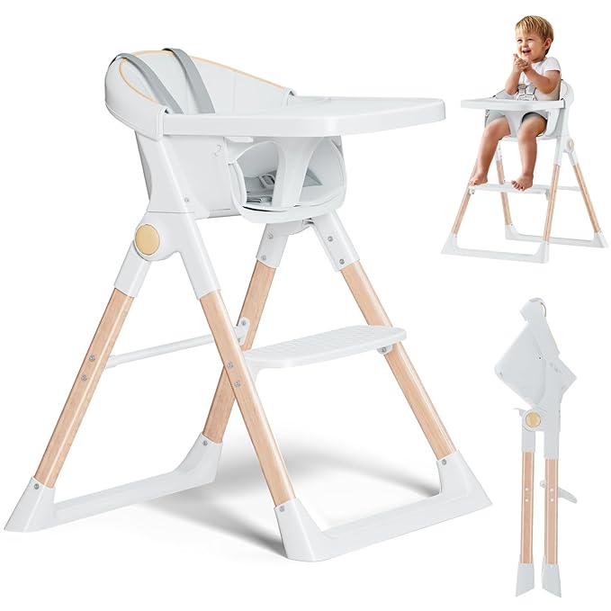 Baby High Chair, High Chairs for Babies and Toddlers, Convertible Folding High Chair with Removable Tray 5 Point Harness Footrest Detachable PU Cushion, Portable Highchair for Baby Toddlers