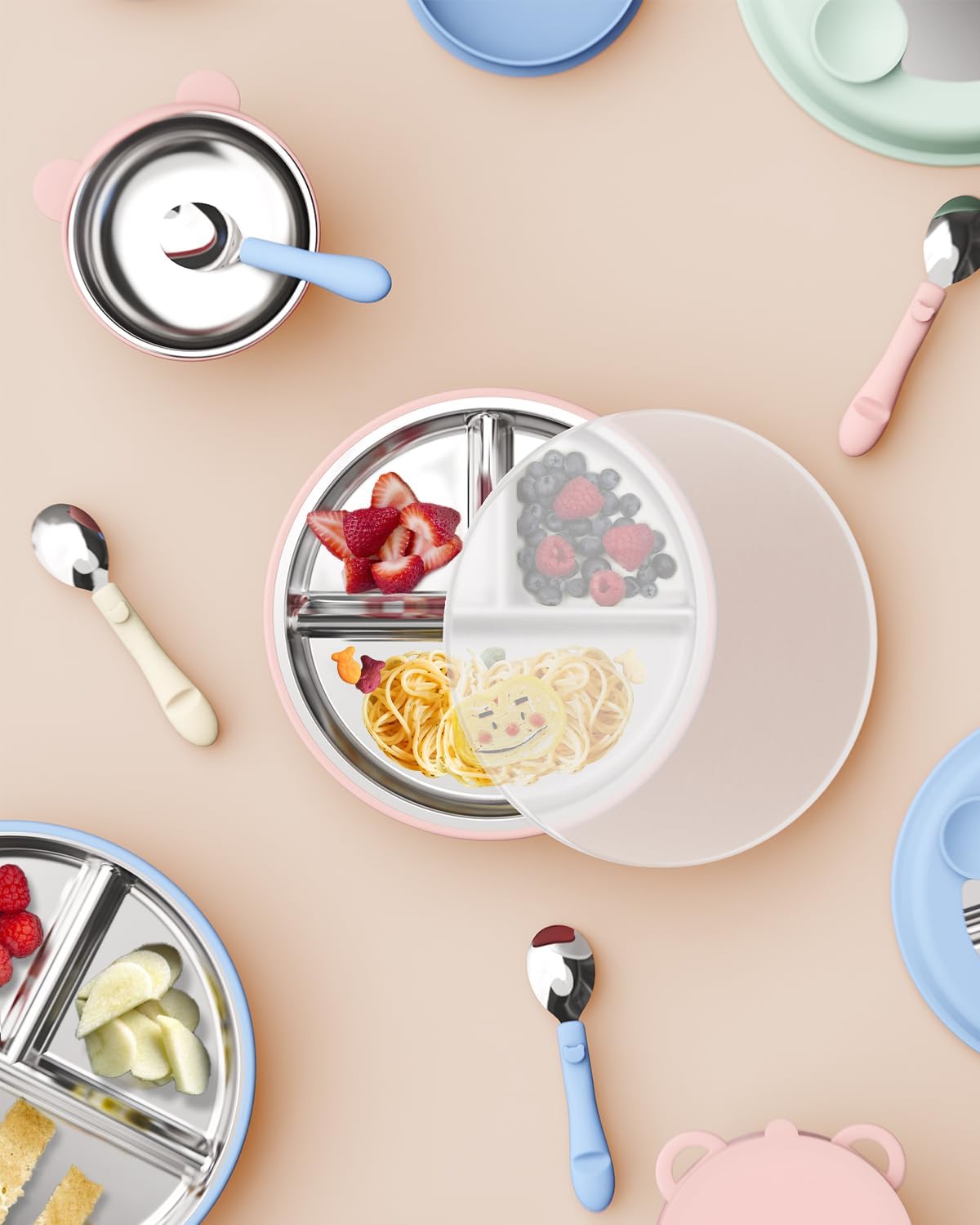 Stainless Steel Toddler Suction Plate with Lid, Deepened 9" Divided Plates with Removable Silicone Sleeves for Kids, Non Toxic Unbreakable Snack Dishes Set of 4, Sage Blue Beige Lilac