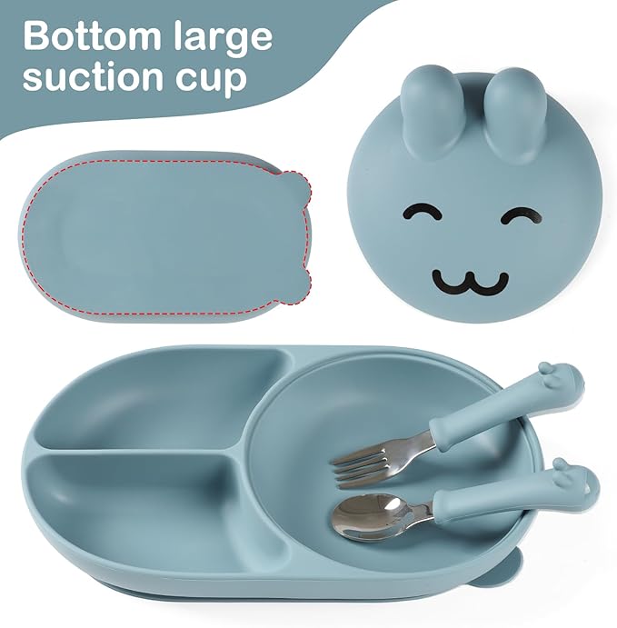 Silicone Baby Plate,Toddler plates,Self-feeding of infants after weaning, 100% Food Grade Silicone, BPA Free, Including Fork and Spoon, Baby Plates With Suction, Divided Plate for Babies(blue)