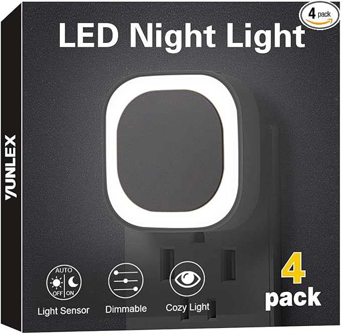 4 Pack Daylight White Night Light, Gentle Eye-Care with Dimmable Wide-Glow & Indirect Reflection, Auto Dusk to Dawn Sensor, Plug in for Kitchen Counter, Garage Workshop, Laundry, Hallway