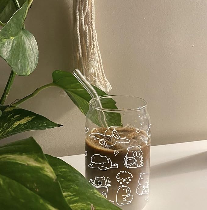 Cute Capybara Stuff - Glass Cup with Lid and Straw, Capybara Gifts for Women Girls, Funny Birthday Decoraions, Iced Coffee Cup Smoothie, 16 oz