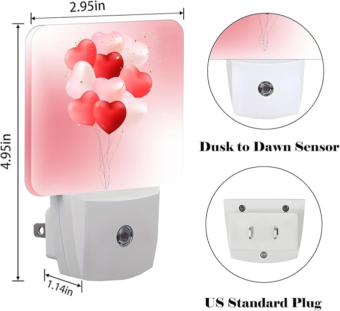 Pink Candy Heart Balloons Night Light,Plug-in Night Lights with Dusk-to-Dawn Sensor for Stairway,Hallway,Bedroom Sleep Friendly Ideal for Women/Girls/Boys Gift,0.5w