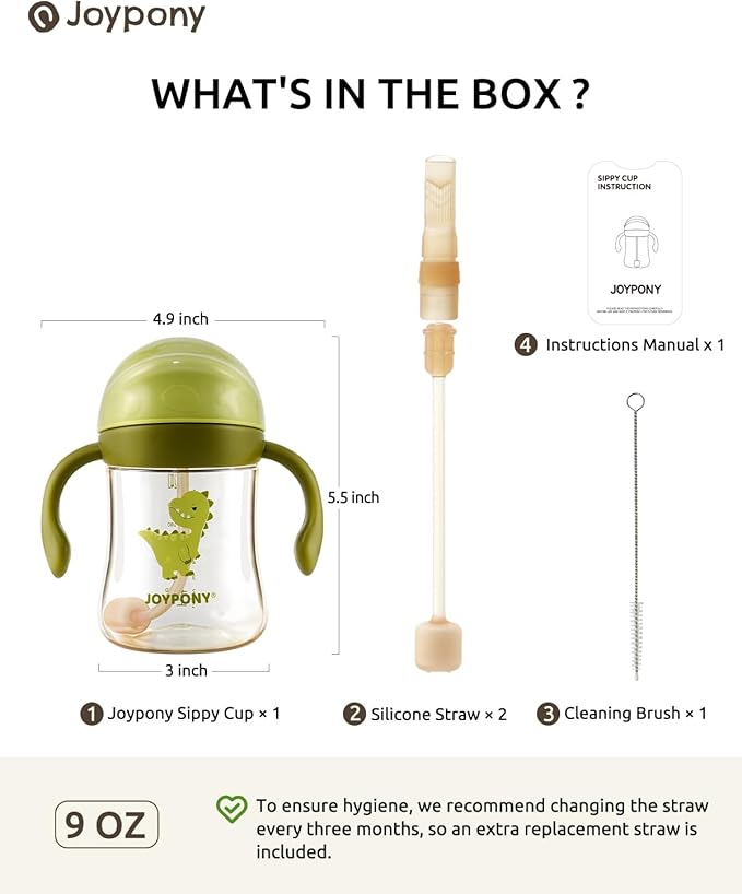 Sippy Cups for Toddlers 1-3, Spill Proof Weighted Straw Cup with Handle for Baby 6 Months + old, 2 Silicone Straws, PPSU, BPA Free, 9 oz (Green)