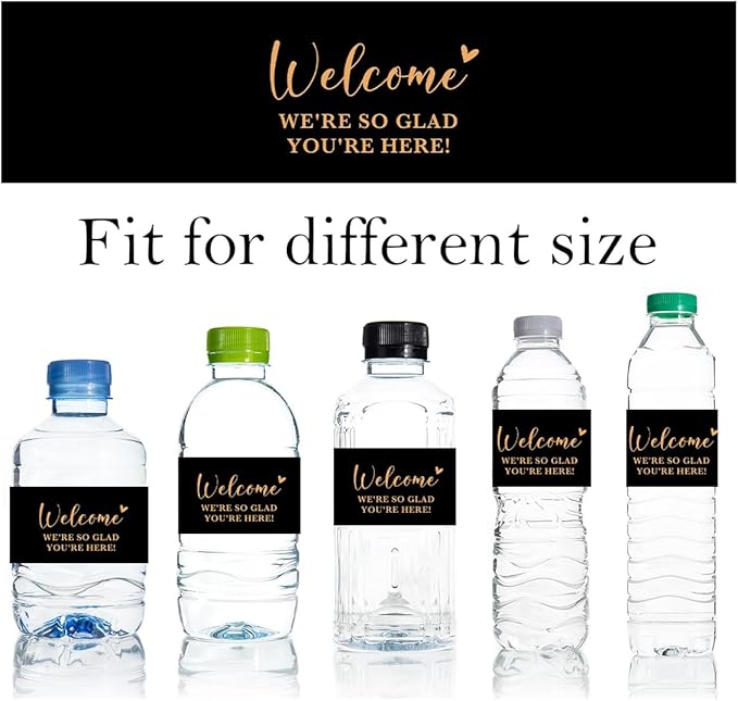 100PCS Wedding Water Bottle Labels Waterproof Greenery Floral Wraps Sticker for Water Bottle Baby Shower Bottle Label for Bridal Shower Party Welcome（Black）