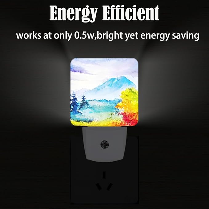 Watercolor Mountains and Forest Night Light,Plug Into Wall for Boys Girls Bedroom Decorative Square Night Light Lamp 0.5w Sleep Friendly