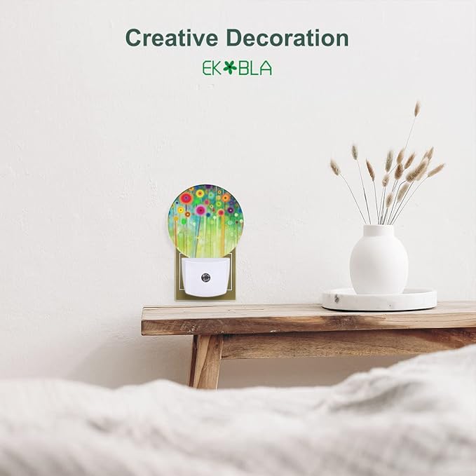 EKOBLA Green Floral LED Night Light Watercolor Wildflowers Spring Summer Green Flowers Dusk to Dawn Plug-in Nightlights Auto Sensor for Home Indoor Bathroom Hallway Kitchen