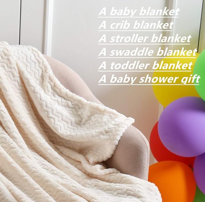 CREVENT 30''X40'' Soft Cozy Warm Baby Blankets for Boys Girls Solid Color - All Season Use - Newborn Essentials (Wave Ivory/White)