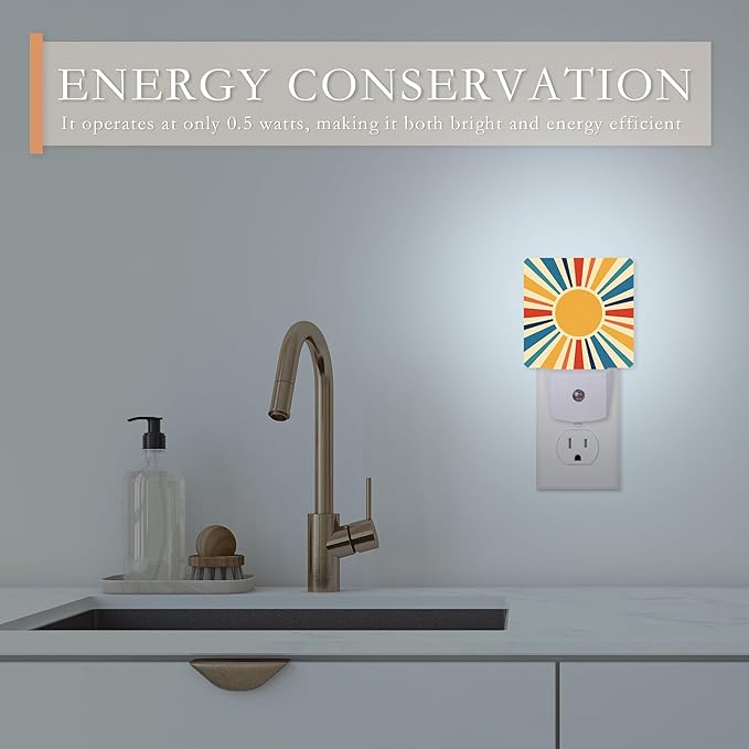 Retro Sun Burst Night Light with Dusk to Dawn Sensor for Kids, Rooms, Hallways, Kitchens, Bathrooms, Nurseries, Stairs