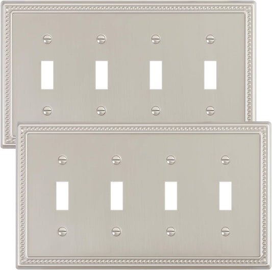2-Pack Quad Toggle Light Switch Cover Plate, 4 Gang Metal Switch Plate Covers, Brushed Nickel Pearls Decorative Wall Plate, Corrosion Resistant