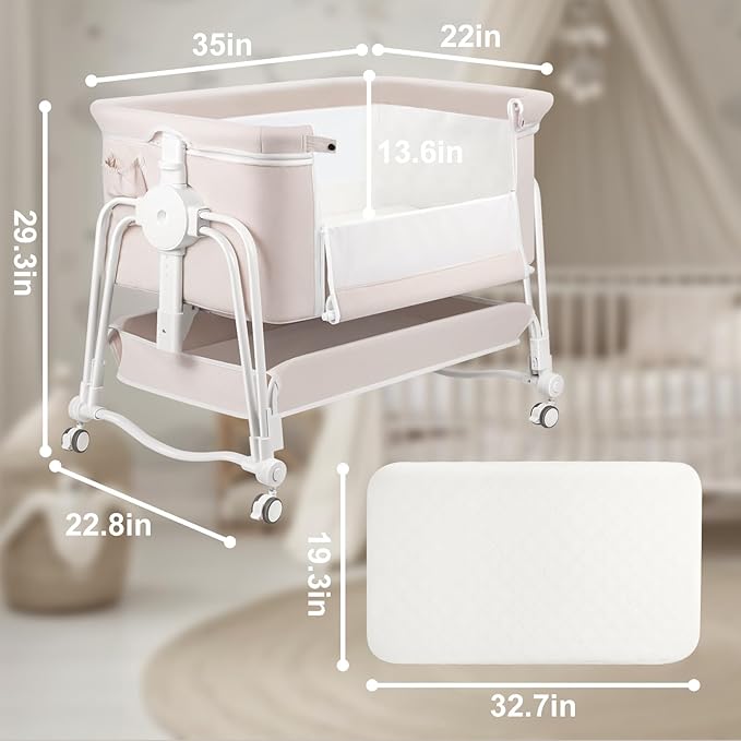 4 in 1 Baby Bassinet Bedside Sleeper, Rocking Baby Crib with Lockable Wheels, Storage, Mosquito Net and Matress Included, 7 Level Adjustable Bedside Bassinet for Baby Newborn(Cream)
