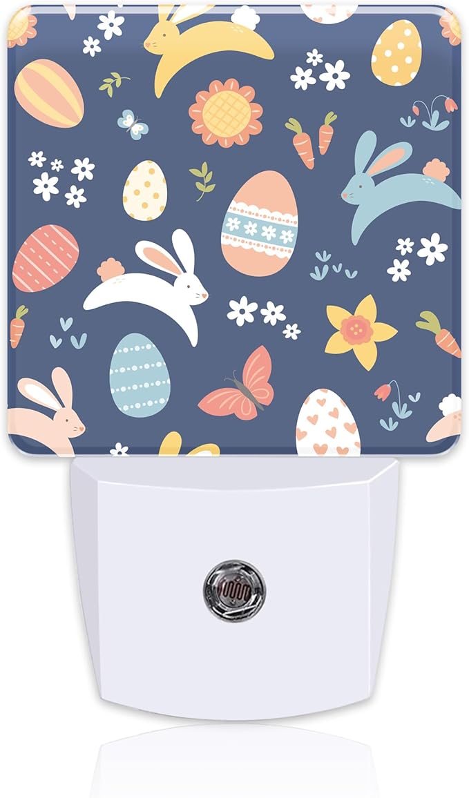 Easter Bunnies and Eggs Night Light, Colorful Rabbits and Flowers Dusk to Dawn Night Light Plug in,0.5w Energy Saving Sleep Friendly NightLight for Kids Boys Girls Home Decor