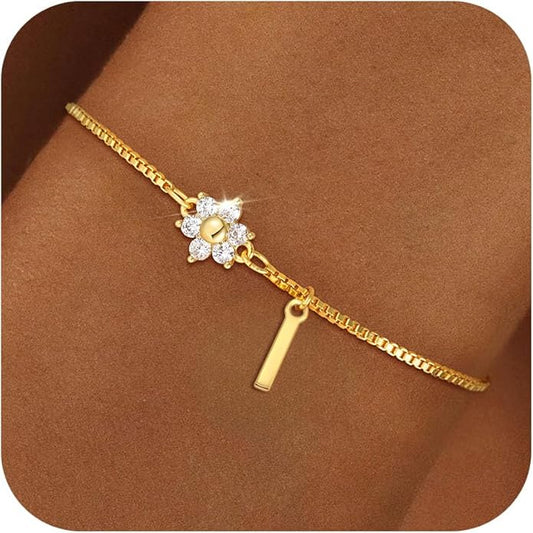 C-leen Gold Initial Bracelets for Women Girls - 18K Gold Plated Flower CZ Initial Bracelet Teen Girl Gifts Trendy Stuff Dainty Gold Bracelets for Women Girls Trendy Jewelry Gifts