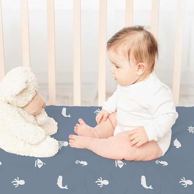 Nap Mat Sheet 47"x24", 3 Pack Blue Ocean Sailor Baby Crib Sheets Fitted Elastic Corners, Preschool Day Care Rest Mat Cover, Soft Breathable - Compatible with Regalo My Cot, Joovy Travel Cot