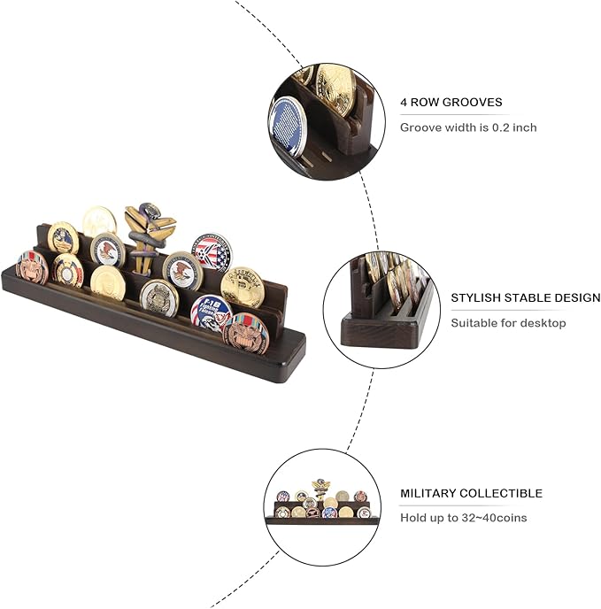 Military Challenge Coins Display Holder Solid Wood,Small Challenge Coin Stand Holds 15-18 Coins,4 Row Army Coin Display Rack for Desk,Challenge Coin Display Case (Coins Not Included)
