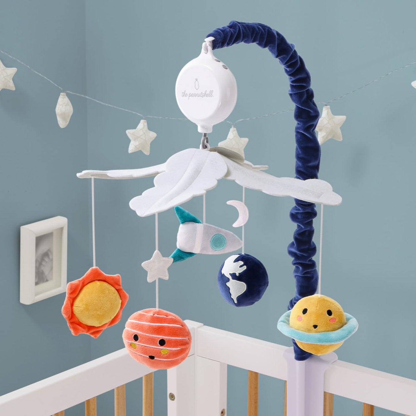 The Peanutshell Crib Mobile for Boys or Girls - White and Dark Blue Musical Baby Crib Mobile with 12 Lullabies, Planets Baby Spectacular Space Nursery Decor