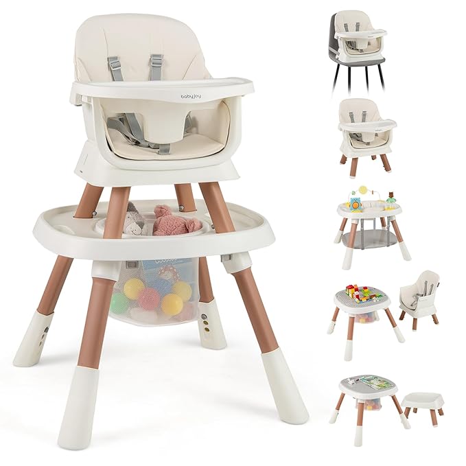 BABY JOY 16 in 1 High Chair, Convertible Baby Highchair for Babies and Toddlers with Activity Center, Booster Seat, Building Block Table, Toddler Chair with Safety Harness, Removable Tray (White)