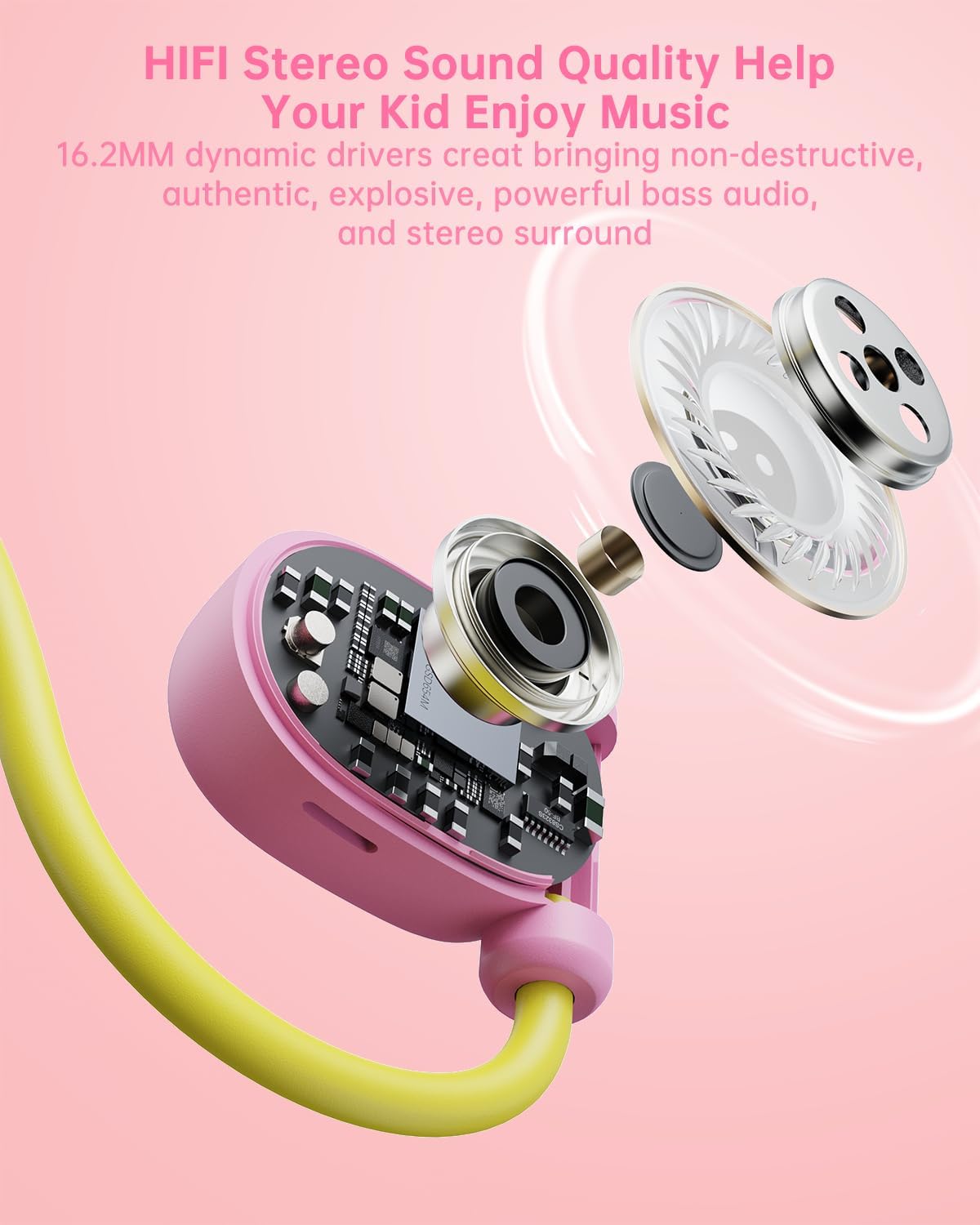 Kid Headphones for School, Air Conduction Open Ear Headphones, 3.5mm Jack Wired Cord, Ultra-Comfort, Ergonomic and Lightweight Design Perfect for School and Outdoor Activities-Yellow Pink