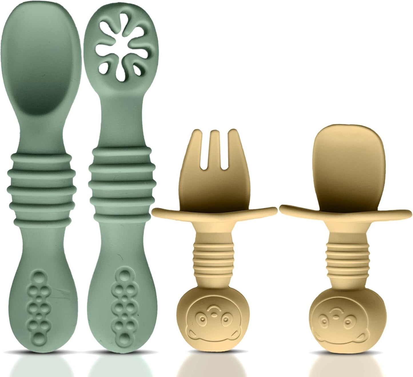 4pc Silicone Baby Spoons Self Feeding Baby Utensils 6-12 Months - 3 Baby Spoon - 1 Baby Fork - Toddler Cutlery Set - BPA Free, Dishwasher Safe - Baby Eating Essentials (Green/Yellow) - Small