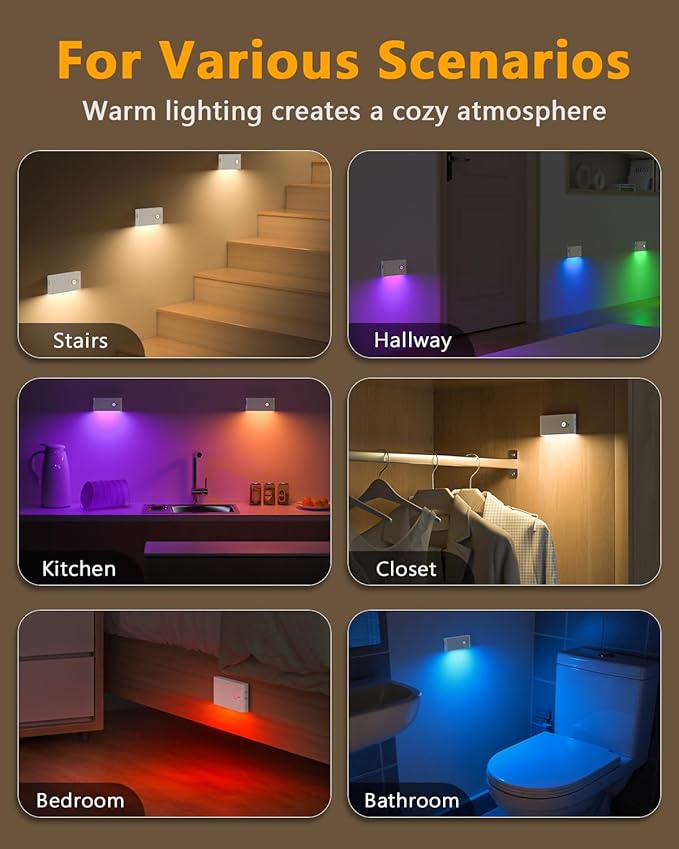 WILLED Motion Sensor Lights Indoor,RGB & Warm White Motion Sensor Night Light,Wireless Color Changing Stair Lights Indoor for Kids' Room,Stair,Bathroom,Hallway,Kitchen,Bedroom,Closet,Cabinet 8PC