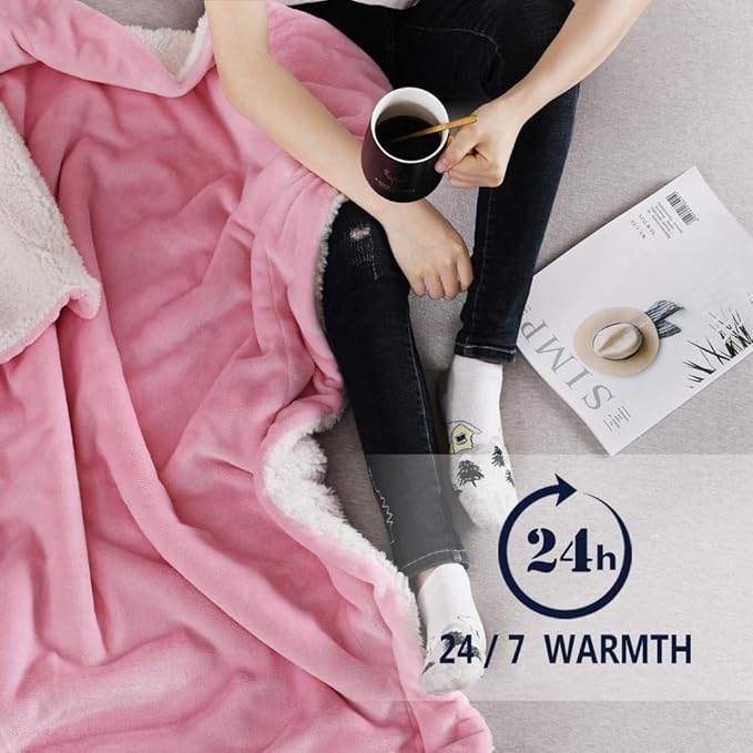 NANPIPER Flannel Blanket Reversible Sherpa Throw Blanket Super Soft Fuzzy Plush Microfiber for Fur Baby/Gift Lightweight(50"x60",Pink)