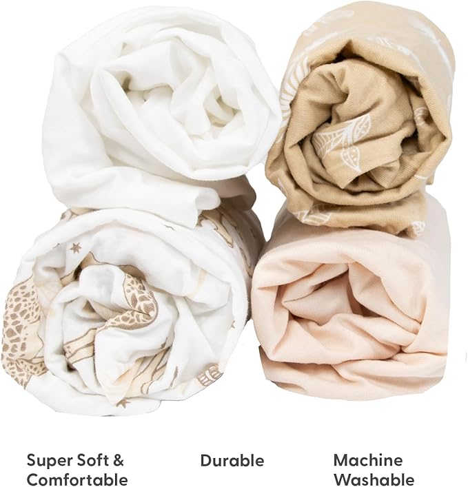 The Peanutshell Baby Organic Bassinet Sheets 4-Pack Boy or Girl - Ultra Soft & Rectangle Baby Sheet, 100% Jersey Cotton, Fitted Covers for Crib, Halo Bassinet Mattress - Caramel Safari