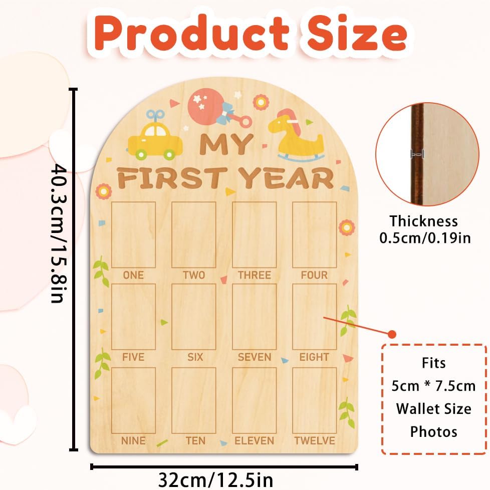 ORIGACH My First Year Baby Growth Photo Display Wood Board - 12 Months Newborn Milestones Photo Board - Neutral Baby Keepsake Frame 1st Birthday Party Nursery Decor New Mom Gift - Car & Rocking Horse