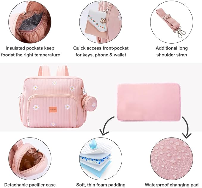 Diaper Bag Backpack, Medium Maternity baby bag & Changing Pad, Diaper Bag Tote, Insulated Pockets, Hospital Bag (Medium - Pink Flowers)