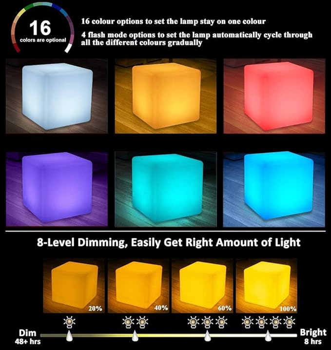 14-inch LED Cube Light, Rechargeable Glowing LED Low Chair w/Remote, 16 Changing Colors Cube Mood Floor Lamp, Waterproof Square Table/Seat Mood Lighting for Home Garden Patio Party Decor