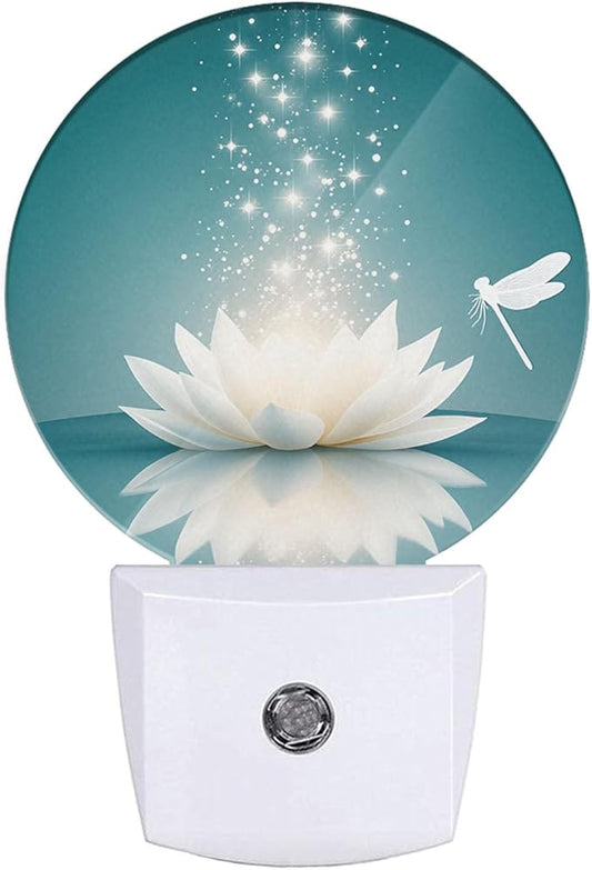 EKOBLA Lotus Night Light, Water Lily in Pond Dragonfly Floral Plug-in Night Lights with Dusk-to-Dawn Sensor for Bedroom Bathroom Living Room 0.5W Sleep Friendly for Women Girls Boys Gift