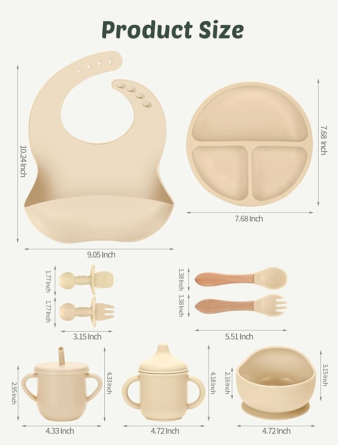 Silicone Baby Feeding Set 9 Pcs, Spill-Proof Suction Plate, Bowl, Bib, Silicone spoon&forks, Wooden Spoons&forks, Training cup with straw and Sippy Cup, Baby Eating Utensils (Beige)