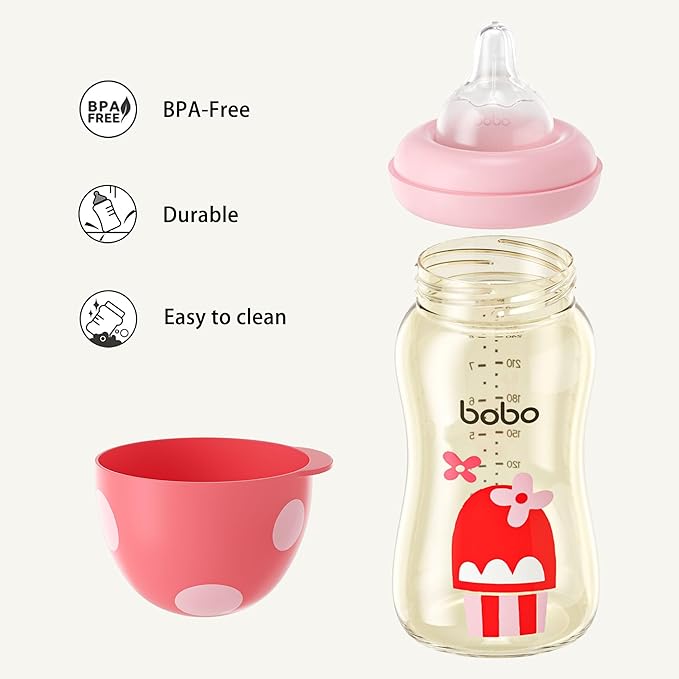 YOHKOH PPSU Baby Bottle Wide Neck, Newborn Anti-Colic Baby Bottle with Natural Response Nipple, Streamlined Body, Easy to Clean (8.8oz (Pack of 2), Red)