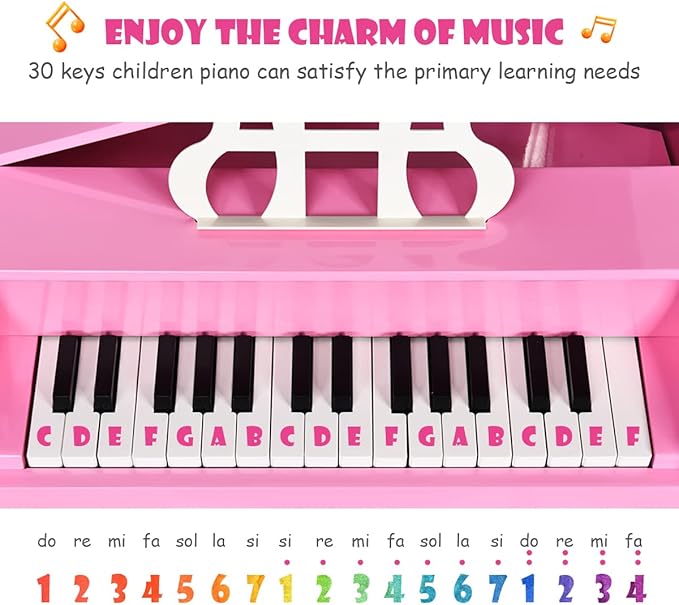 HONEY JOY Classical Kids Piano, 30-Key Mini Grand Piano with Music Stand and Bench, Wooden Musical Instrument Toy w/Lid & Music Rack, Gift for Boys Girls Ages 3+ (Pink)