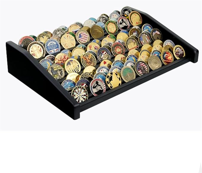 12-Row Wooden Challenge Coin Display Holder for Countertop - 3-Tier Military Coin Rack Stand Holds 90-100 Coins - Coin Display Case for Army Police Collectors, Black