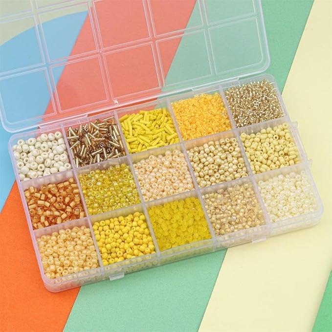 15 Color 4mm Small Assorted Glass Seed Beads,3mm Bugle Beads Friendship Bracelet Kit,2mm Tiny Tube Bead for Jewelry Making(Yellow)