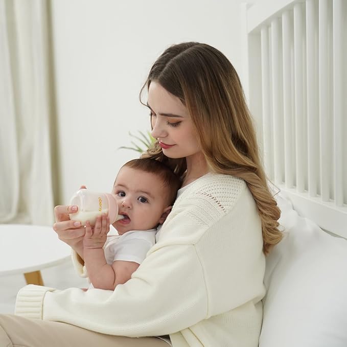 Baby Bottles with Slow Off-Centered Nipple for 0+ Months, Anti Colic Newborn Milk Feeding Bottle, 150ml/5oz/Pink/2Pack