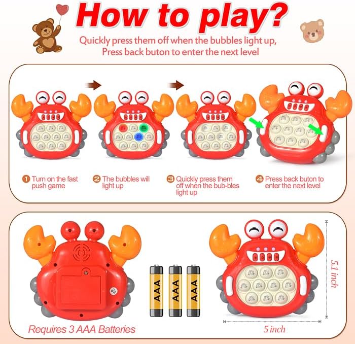 Quick Push Game Fidget Toys for Kids, Quick Push Pop Game 6 Modes Games, Fast Push Bubble Game, Pop Game Fidget Sensory Toys, Christmas Birthday Gifts for 3-12 Year Old Girls Boys