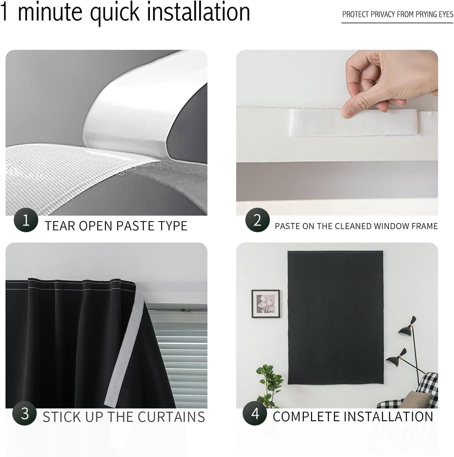 Adhesive Blackout Curtains- Self Stick Shades Window Blinds Curtains No Rod Needed Easy to Hang Curtains, Use for Bedroom, Living Room, Dining Room, Kitchen, Home Office, 47"W X 79"L, Black, 1 Panel