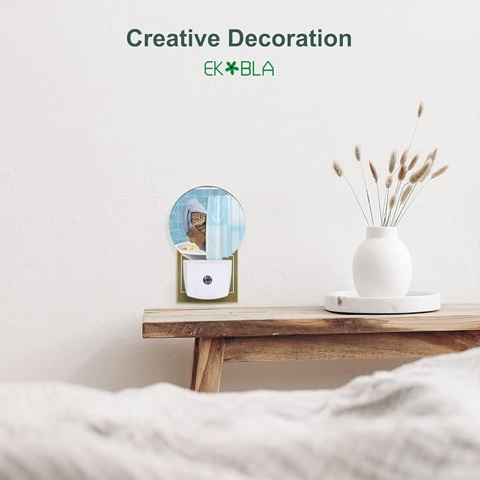 EKOBLA Funny Cat Night Light Kitten Cat with Shower Cap in Bathtub Night Lights Plug into Wall for Boys Girls Men Women, Fun Animal Plug-in Nightlights LED Dusk to Dawn Sensor