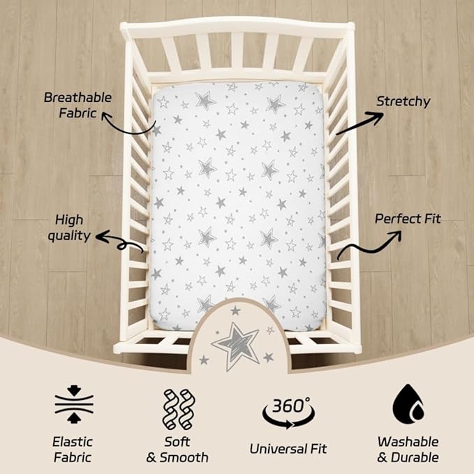 4 Pack Star and Moon Neutral Unisex Fitted Baby Sheets Set for Baby Boys or Girls (Play N)