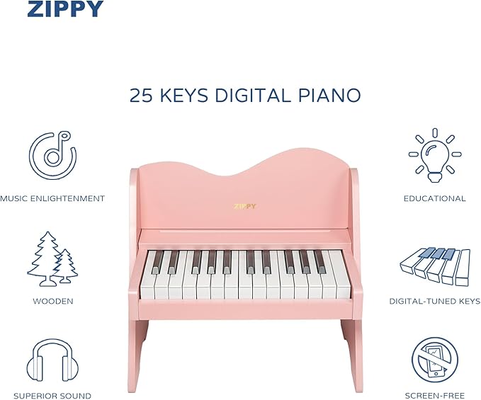 ZIPPY Kids Piano Keyboard, 25 Keys Digital Piano for Kids, Volume Adjustable, Mini Music Educational Instrument Toy, Wood Toy for Toddlers Girls Boys (Pink)