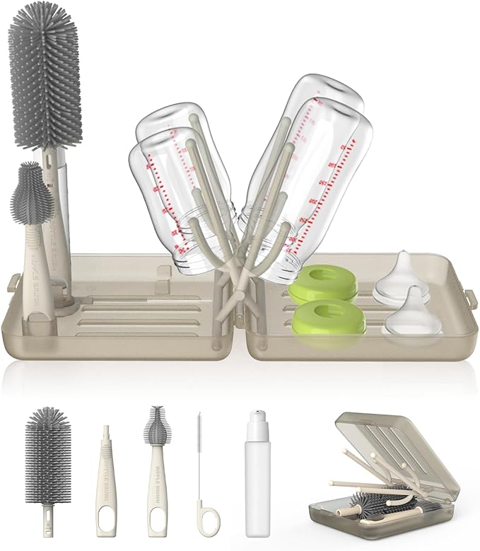 YOTIME Travel Bottle Brush Set, Auto-Open Rack & Vertical Brushs Drying Slots, 3 Brushes, Foldable Drying Rack, Dispenser, Travel Baby Essentials for On-The-Go Parents, Coffee