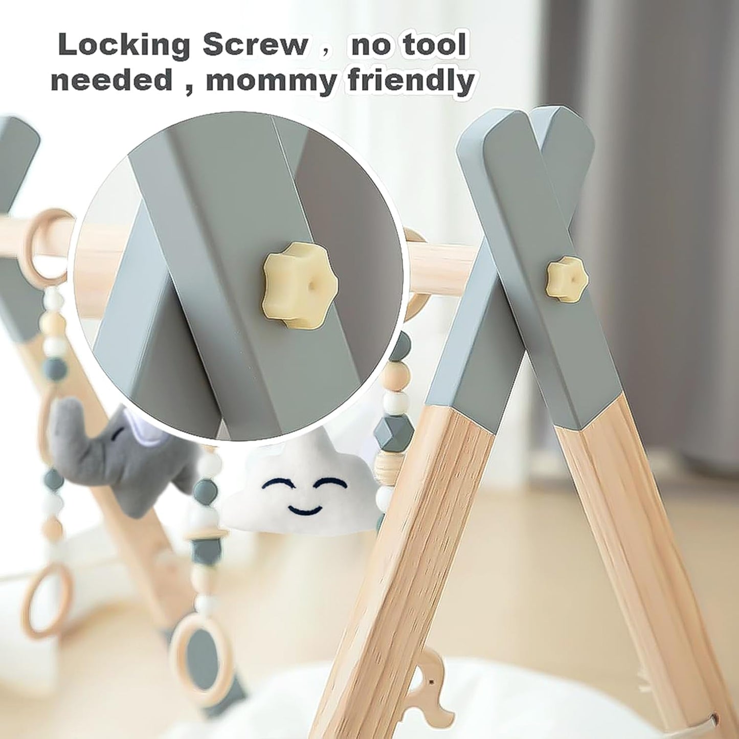 Wooden Foldable Baby Play Gym Frame Activity Hanging Bar With 5 Toys - Natural for Newborn (Grey)