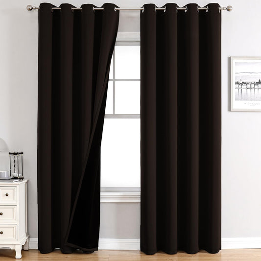 ChrisDowa 100% Blackout Curtains 80 inch Long for Bedroom with Black Liner, 2 Thick Layers Total Blackout Thermal Insulated Grommet Window Curtains 2 Panels Set (Brown, 52 x 80 Inch)