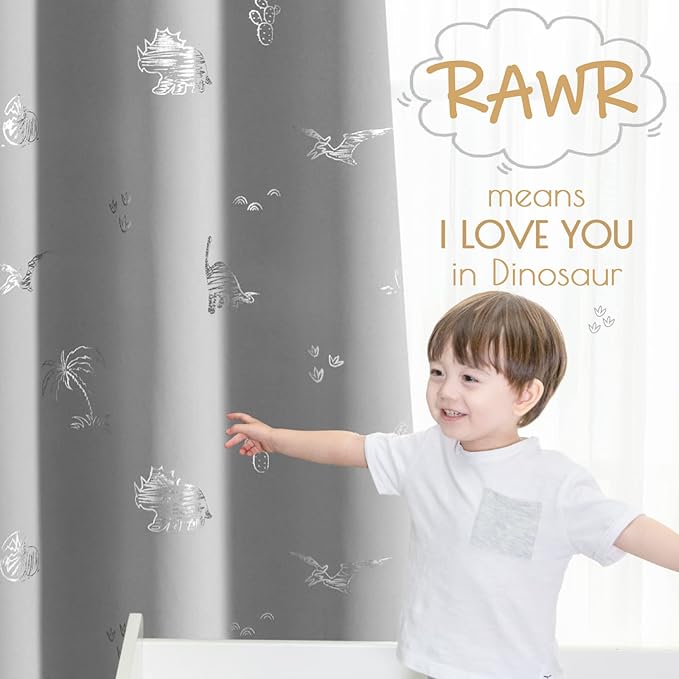 Vangao Kids Curtains Grey Blackout Dinosaur Curtains for Boys Kids Nursery Girls Room Silver Dino Foil Print Thermal Insulated Drapes Grommet Top Window Treatments 84 Inches Length 2 Panels