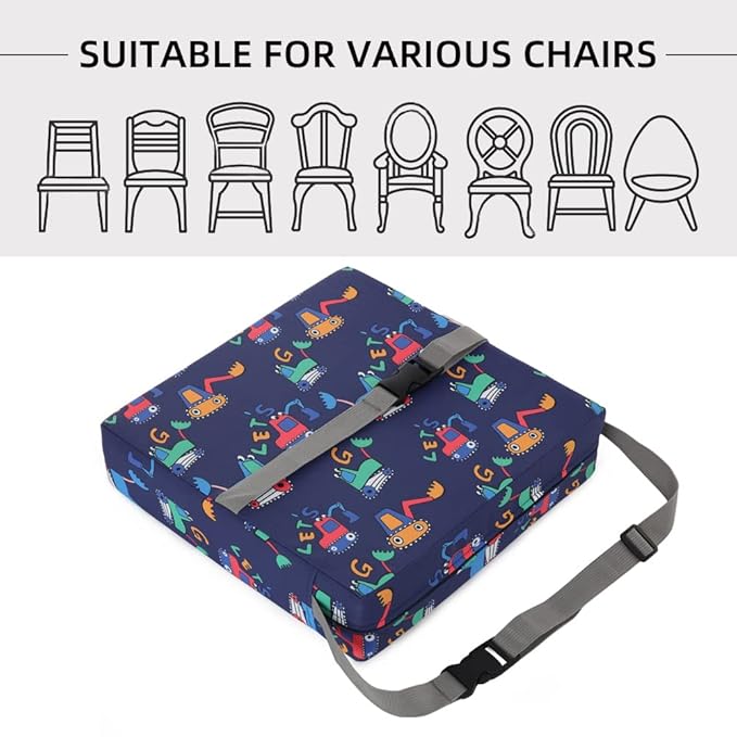 Zicac Portable Toddler Booster Seat for Dining Table, Safer Non-Slip Kids Booster Seat with Double Adjustable Straps, Washable Detachable Strong Support Increasing Cushion for Child (Blue Excavator)